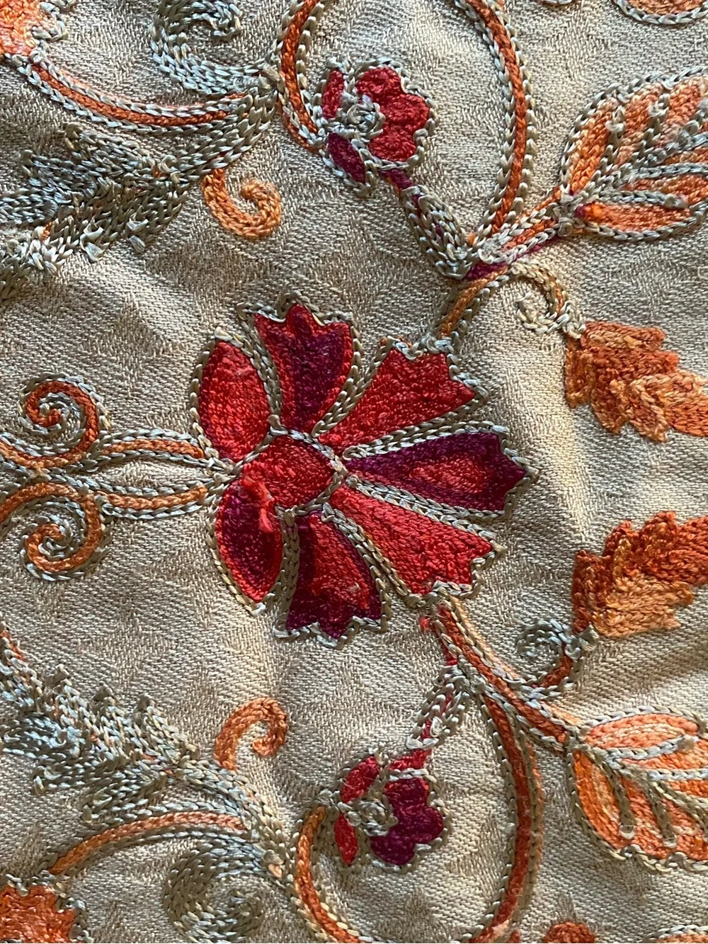 Beige Floral-Embroidered Women's Scarf with Red & Orange Accents‎